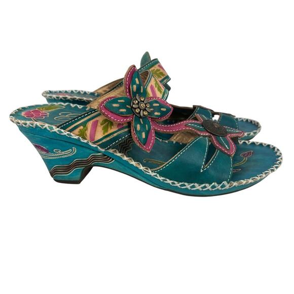Elite by Corkys Poppy Sandals Womens Size 8 Turquoise Leather Floral Embellished - Picture 2 of 13